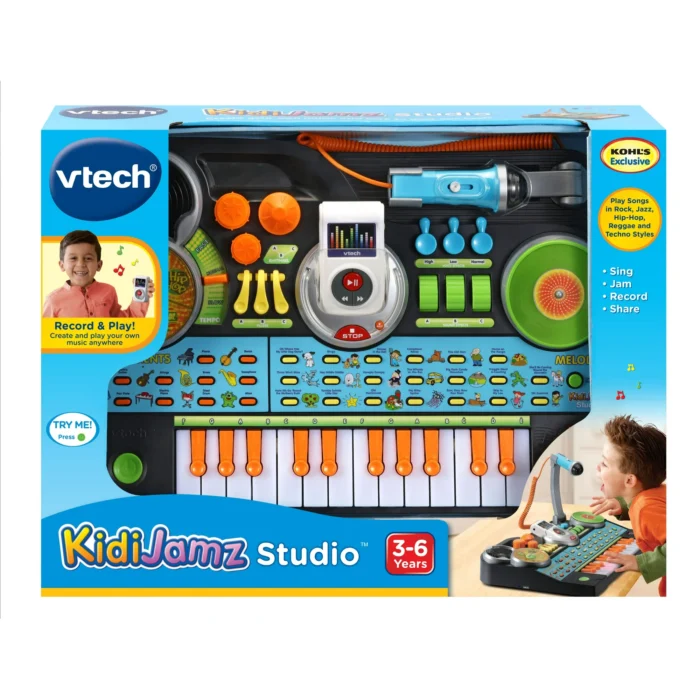 The VTech KidiJamz Studio introduces young musicians to the world of music creation with 61 keys, multiple instrument sounds, and built-in learning activities. This feature-packed keyboard combines musical education with interactive technology to inspire creativity and develop musical skills. Key Features 61 Full-Size Keys - Real piano-style keys for authentic playing experience 40+ Musical Sounds - Piano, guitar, drums, violin, and electronic instruments Built-In Learning Games - Interactive activities teach music fundamentals Record & Playback - Save musical creations and performances Demo Songs - 30 pre-loaded songs for learning and play-along Light-Up Keys - Visual guidance for learning songs and scales Multiple Play Modes - Free play, guided lessons, and creative composition Headphone Compatible - Private practice without disturbing others Durable Construction - Built to withstand enthusiastic young musicians Musical Learning Features Note Recognition - Learn musical note names and positions Rhythm Training - Built-in metronome and rhythm games Scale Practice - Major and minor scale exercises Chord Introduction - Basic chord progressions and harmony Musical Theory - Age-appropriate music education concepts What's Included KidiJamz Studio keyboard with stand Adjustable height stool Music stand for sheet music Power adapter (also works with batteries) Quick start guide and songbook Technical Specifications Keys: 61 full-size velocity-sensitive keys Sounds: 40+ instrument voices and sound effects Songs: 30 demo songs plus learning activities Recording: Multi-track recording capability Display: LCD screen with music notation Power: AC adapter or 6 AA batteries Audio: Built-in speakers plus headphone jack Dimensions: 36" x 12" x 30" (with stand) Educational Benefits ✓ Musical Development - Pitch recognition and rhythm skills ✓ Fine Motor Skills - Hand-eye coordination and finger dexterity ✓ Cognitive Growth - Pattern recognition and memory development ✓ Creative Expression - Composition and improvisation opportunities ✓ Confidence Building - Performance skills and musical achievement Play Modes & Activities Free Play Mode - Explore sounds and create original music Learning Mode - Guided lessons with visual feedback Game Mode - Musical games that teach while entertaining Performance Mode - Play along with demo songs Recording Studio - Create and save musical compositions Age-Appropriate Design Colorful Interface - Engaging visual design for young children Simple Controls - Easy-to-understand buttons and functions Volume Control - Adjustable volume for different environments Sturdy Stand - Stable support for active playing Safety Features - Rounded edges and non-toxic materials Learning Progression Ages 3-4 - Sound exploration and basic key pressing Ages 5-6 - Simple songs and rhythm activities Ages 7-8 - Music reading and composition skills Advanced - Multi-instrumental arrangements and recording Parent & Teacher Features Progress Tracking - Monitor musical development and skills Educational Content - Curriculum-aligned musical learning Quiet Practice - Headphone option for noise control Durability - Built to last through years of learning Value - Professional features at family-friendly price