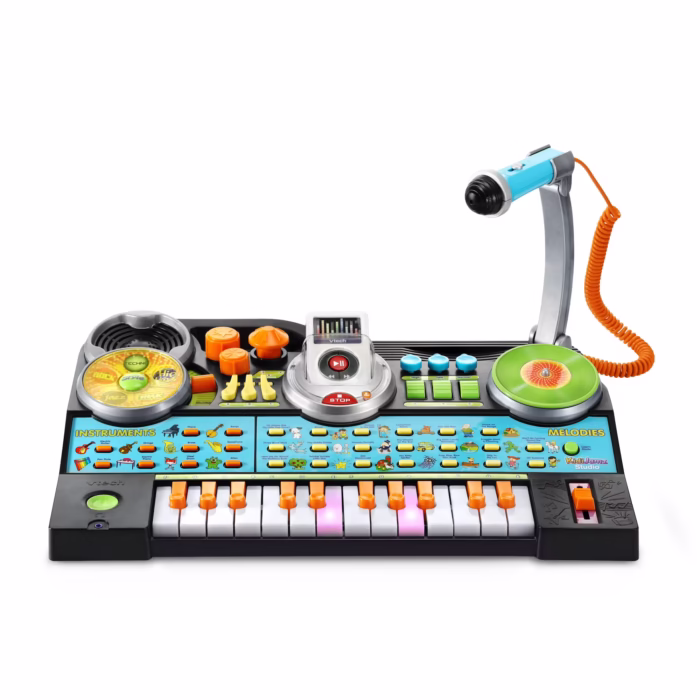 The VTech KidiJamz Studio introduces young musicians to the world of music creation with 61 keys, multiple instrument sounds, and built-in learning activities. This feature-packed keyboard combines musical education with interactive technology to inspire creativity and develop musical skills. Key Features 61 Full-Size Keys - Real piano-style keys for authentic playing experience 40+ Musical Sounds - Piano, guitar, drums, violin, and electronic instruments Built-In Learning Games - Interactive activities teach music fundamentals Record & Playback - Save musical creations and performances Demo Songs - 30 pre-loaded songs for learning and play-along Light-Up Keys - Visual guidance for learning songs and scales Multiple Play Modes - Free play, guided lessons, and creative composition Headphone Compatible - Private practice without disturbing others Durable Construction - Built to withstand enthusiastic young musicians Musical Learning Features Note Recognition - Learn musical note names and positions Rhythm Training - Built-in metronome and rhythm games Scale Practice - Major and minor scale exercises Chord Introduction - Basic chord progressions and harmony Musical Theory - Age-appropriate music education concepts What's Included KidiJamz Studio keyboard with stand Adjustable height stool Music stand for sheet music Power adapter (also works with batteries) Quick start guide and songbook Technical Specifications Keys: 61 full-size velocity-sensitive keys Sounds: 40+ instrument voices and sound effects Songs: 30 demo songs plus learning activities Recording: Multi-track recording capability Display: LCD screen with music notation Power: AC adapter or 6 AA batteries Audio: Built-in speakers plus headphone jack Dimensions: 36" x 12" x 30" (with stand) Educational Benefits ✓ Musical Development - Pitch recognition and rhythm skills ✓ Fine Motor Skills - Hand-eye coordination and finger dexterity ✓ Cognitive Growth - Pattern recognition and memory development ✓ Creative Expression - Composition and improvisation opportunities ✓ Confidence Building - Performance skills and musical achievement Play Modes & Activities Free Play Mode - Explore sounds and create original music Learning Mode - Guided lessons with visual feedback Game Mode - Musical games that teach while entertaining Performance Mode - Play along with demo songs Recording Studio - Create and save musical compositions Age-Appropriate Design Colorful Interface - Engaging visual design for young children Simple Controls - Easy-to-understand buttons and functions Volume Control - Adjustable volume for different environments Sturdy Stand - Stable support for active playing Safety Features - Rounded edges and non-toxic materials Learning Progression Ages 3-4 - Sound exploration and basic key pressing Ages 5-6 - Simple songs and rhythm activities Ages 7-8 - Music reading and composition skills Advanced - Multi-instrumental arrangements and recording Parent & Teacher Features Progress Tracking - Monitor musical development and skills Educational Content - Curriculum-aligned musical learning Quiet Practice - Headphone option for noise control Durability - Built to last through years of learning Value - Professional features at family-friendly price